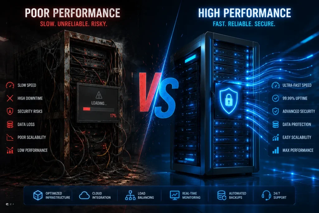 Сравнение между претоварен евтин сървър и бърза инфраструктура за оптимизация на бързодействието на уебсайт.